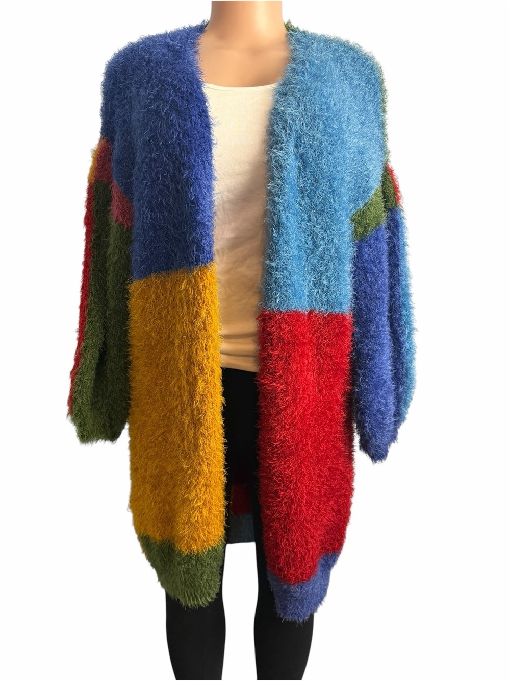 Farm Rio Colorblock Fuzzy Open Front Cardigan Sweater Multi - Picture 2 of 11